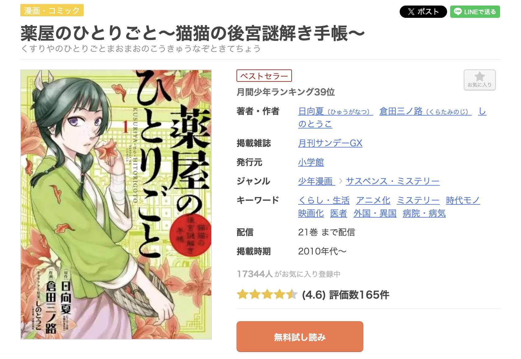 薬屋のひとりごと ～猫猫の後宮謎解き手帳～ 全巻 まんが王国